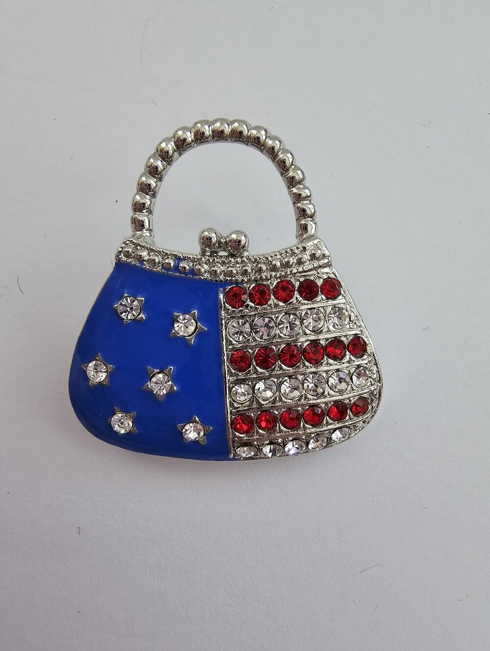 Vintage Style Patriotic American Flag Purse Brooch – Red White Blue Rhinestone